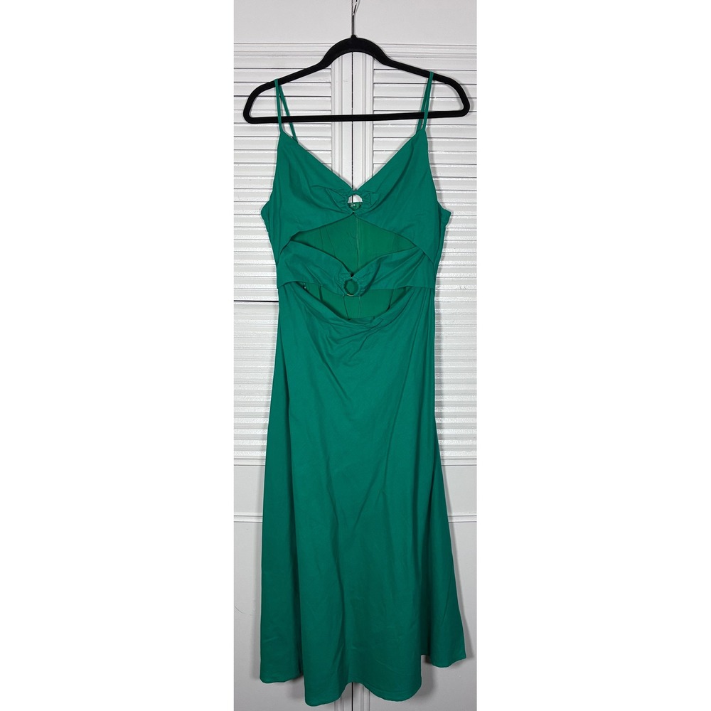 All About May Green Cotton Linen Cutout Ring Midi Dress 10 Cocktail Sundress NEW